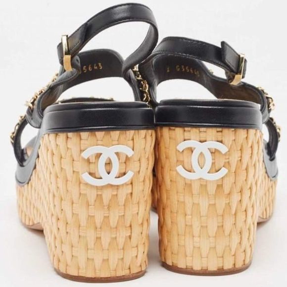 CHANEL Shoes - CHANEL Black Leather Gold Chain Open Toe Ankle Strap Wedge Sandals Size EU40